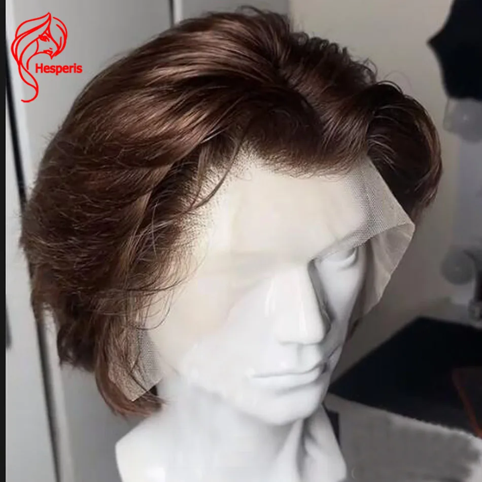 Hesperis # Peruca Masculina de Cabelo Humano Frontal de Renda Cor Marrom 4, Pré-Alongada, Corte Curto, com Baby Hair, Estilo Pixie, Elegante