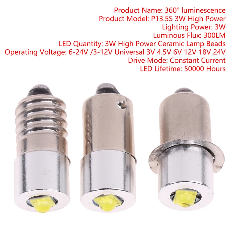 Household P13.5S/E10/BA9S 6-24V 3W High Power LED Flashlight Bulb 1SMD Emergency Work Lamp Torches Accessories White Light