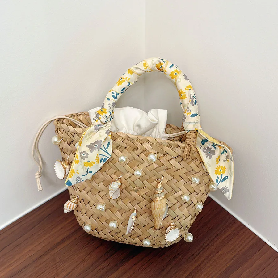 

Holiday beach seaside woven straw vegetable basket creative shell elegant ribbon bucket messenger bag