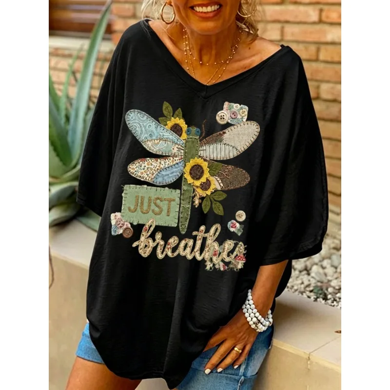 ilstile Women's Just Breathe Flower Print T-Shirts Summer Short Sleeve Casual Loose V Neck Long Tops White Black NEW