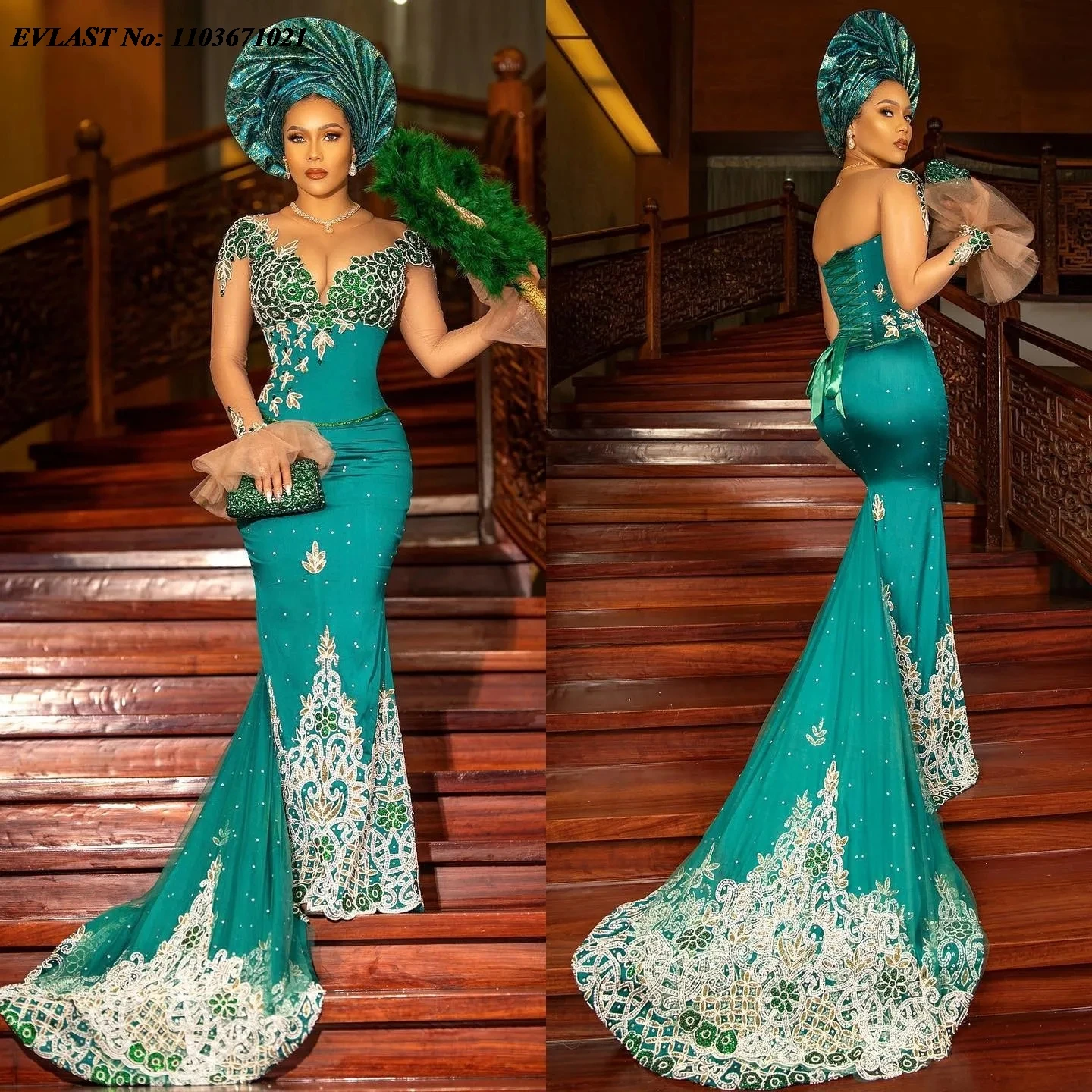 EVLAST-Robe de Soirée Longue Africaine Verte en Dentelle et Perles, Tenue de Bal de Forme Sirène, Élégante, pour Occasions Spéciales, Aso Ebi