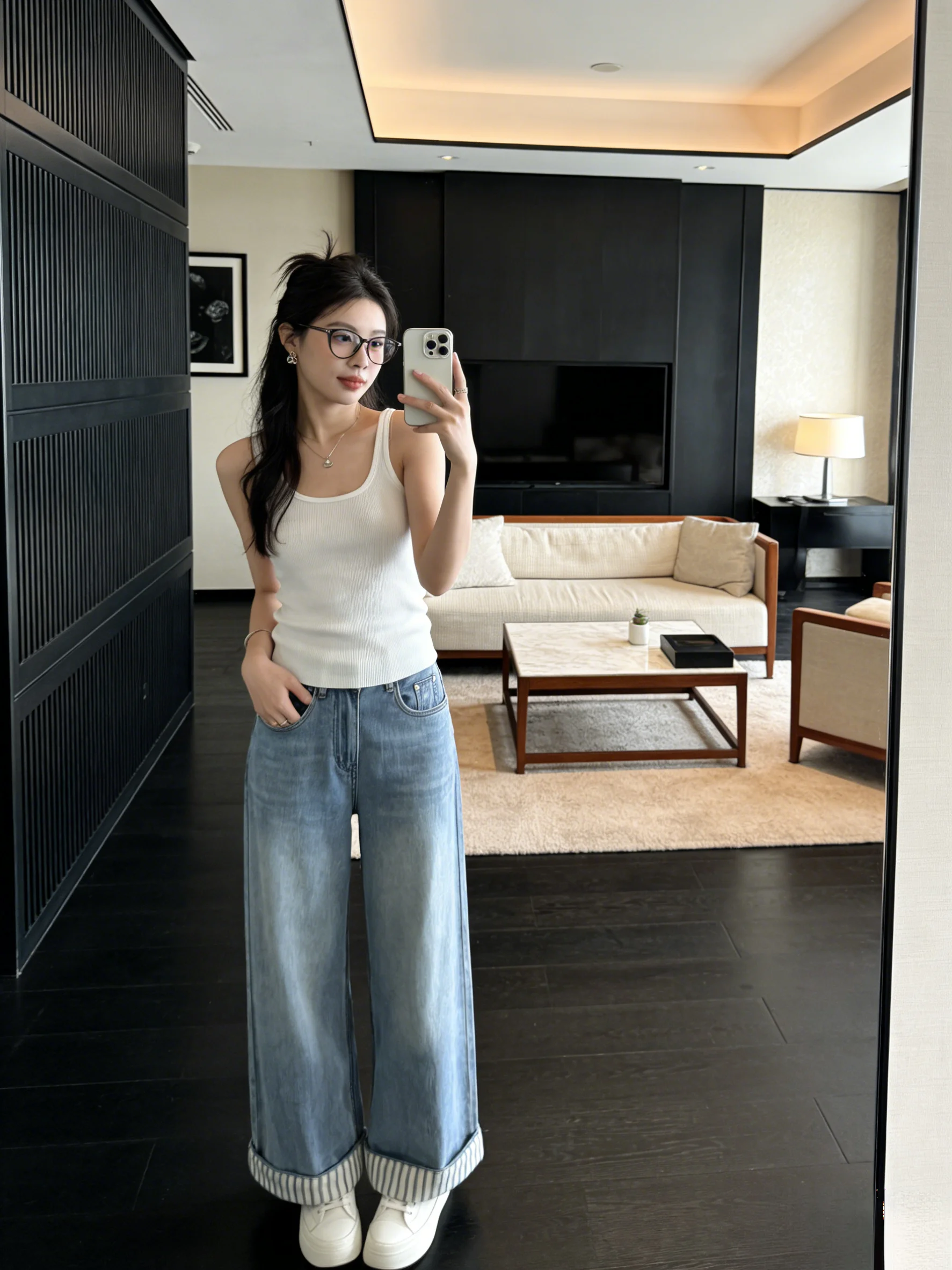 

Светло-голубые джинсы с широкими штанинами в полоску, женские летние свободные прямые длинные брюки в корейском стиле с естественной талией