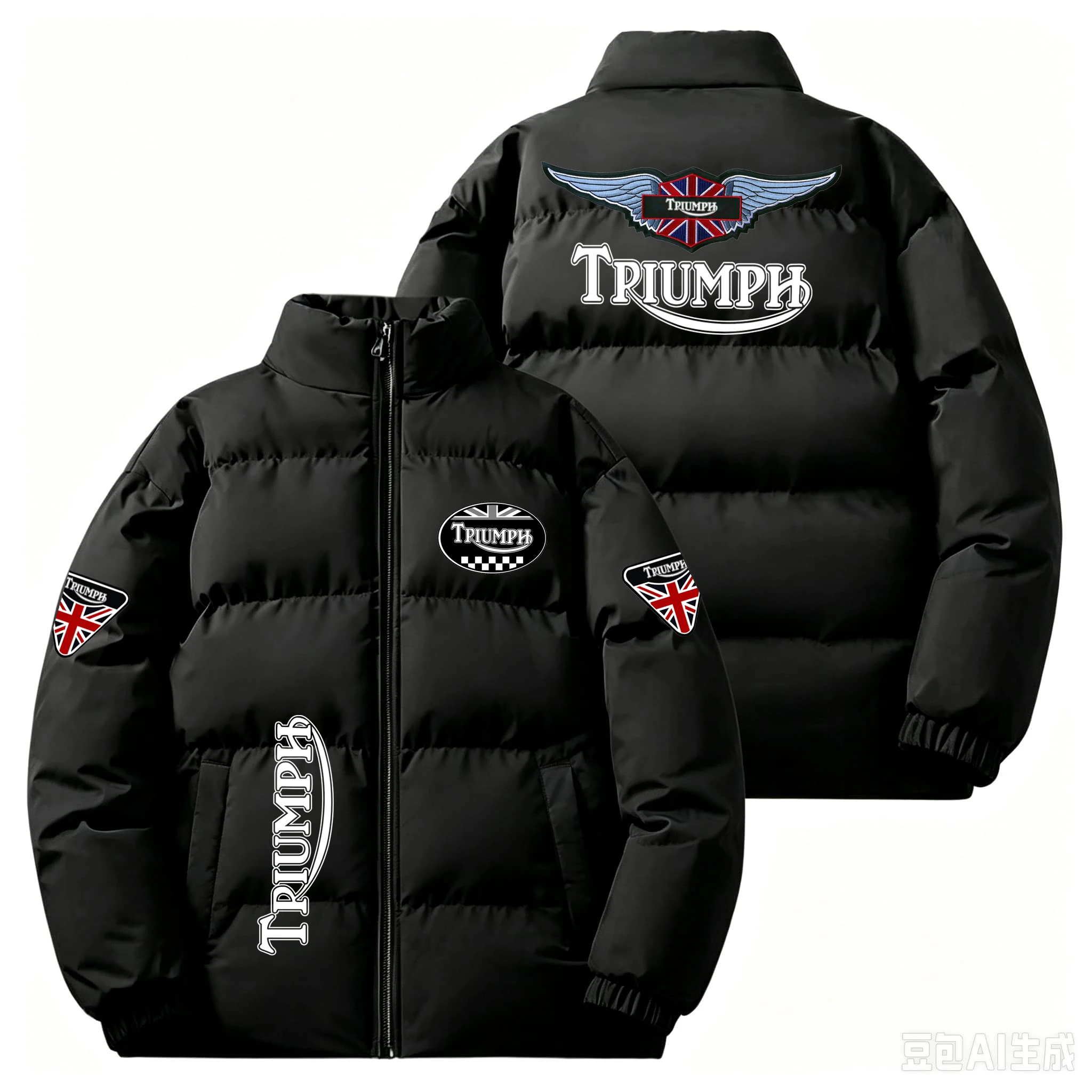 Men Motorcycle Riding Winter Puffer Coat Triumph Stand Collar Thick Warm Jacket Windproof Zip Up Casual Streetwear Outdoor Therm