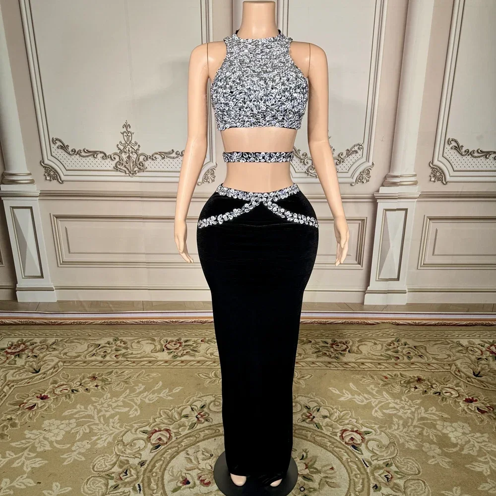 

Sparkly Rhinestones Crop Top Black Long Skirt Two Piece Set Women Sexy Celebrate Evening Prom Birthday Dress Photo Shoot Wear