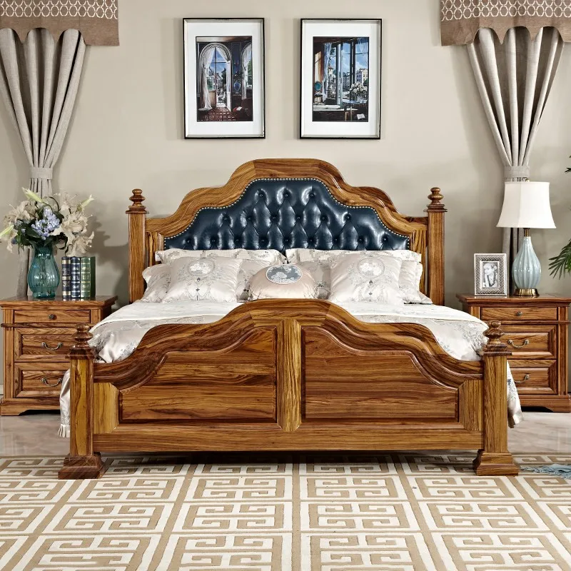American Double Bed Luxury Wedding Bed Mansion Ebony Master Bedroom All Solid Wood Bed1.8m Chinese Leather Bed Mortise and Tenon