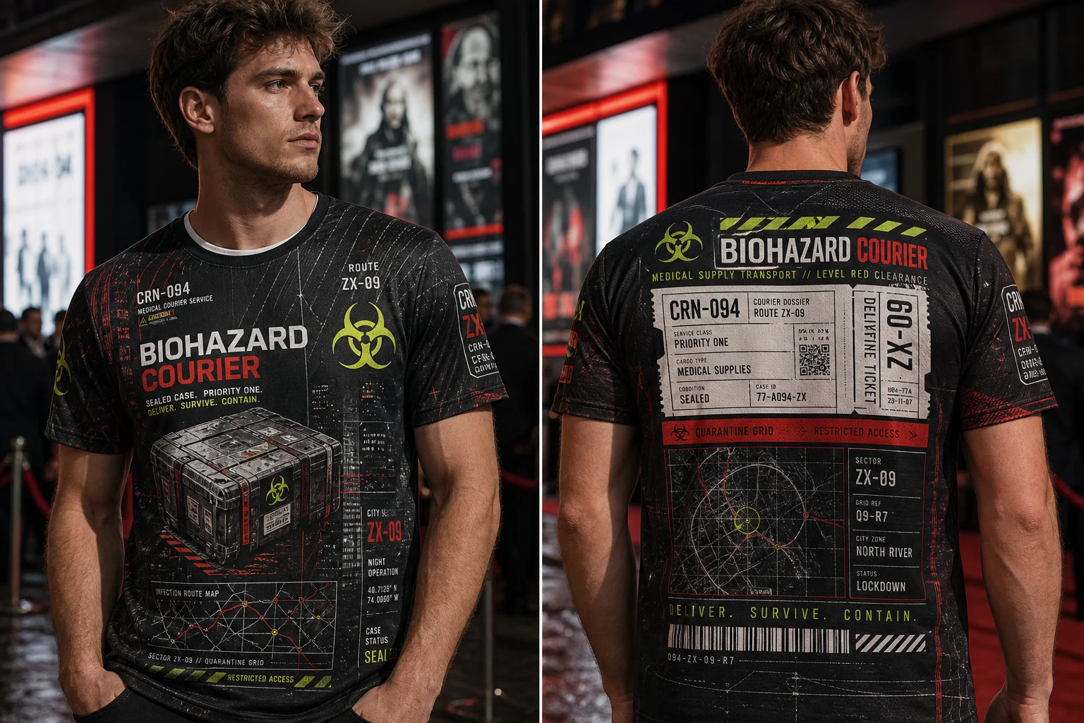 Biohazard Courier Archive T‑Shirt, Sci‑Fi Full Print Mesh Tee, Tactical Hazard Warning Document Graphic Unisex Short Sleeve Top