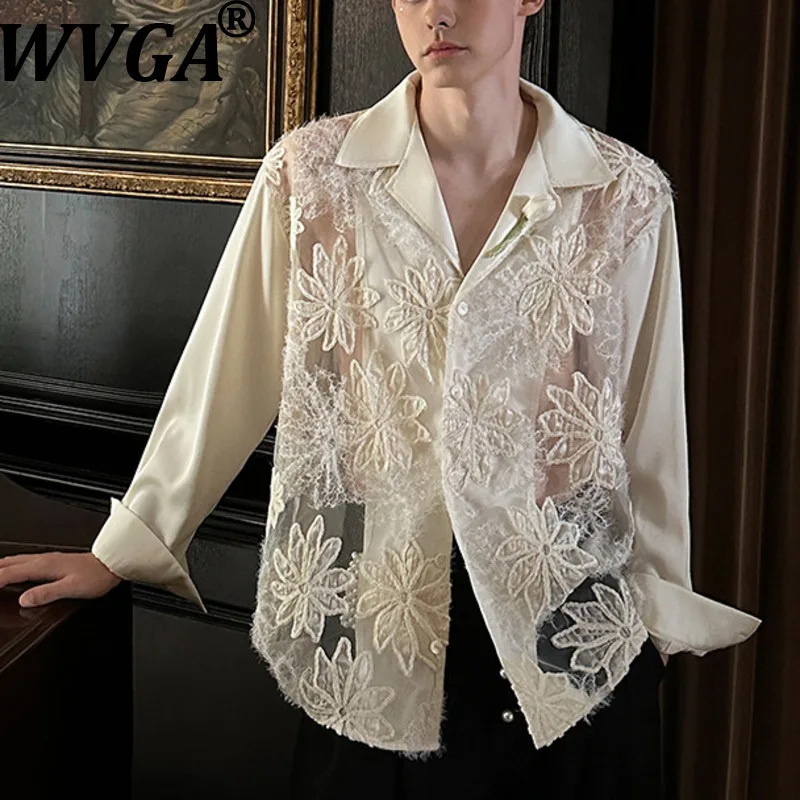 WVGA Spring Summer New Men Tide Trendy Three-Dimensional Flower Hollow Out Tops Niche Chic Casual Long Sleeved Shirts Ins W17982