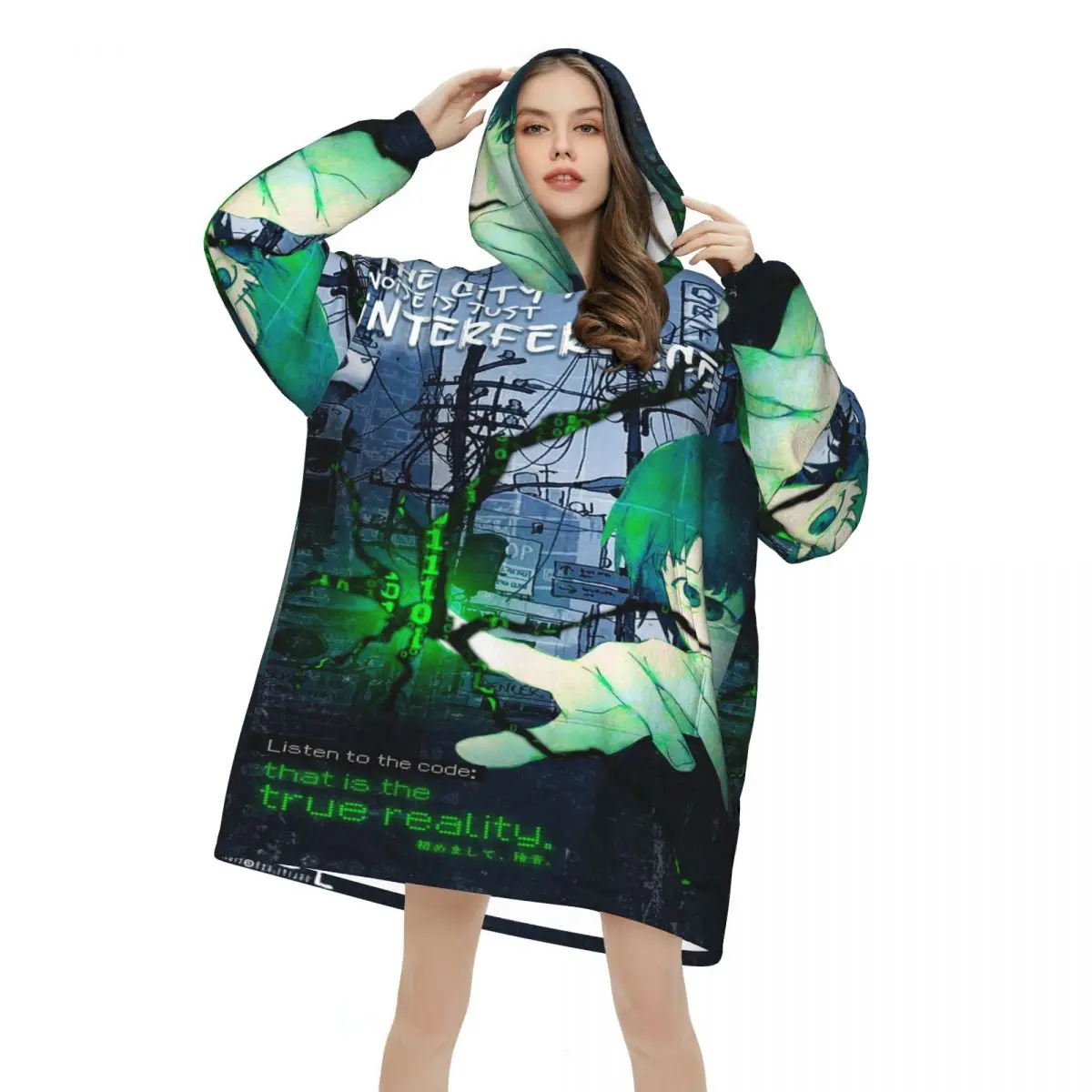 Serial Experiments Lain Lwakura Oversized Blanket Hoodie Sweatshirt Long Fleece Hooded Wearable Blanket with Large Pocket