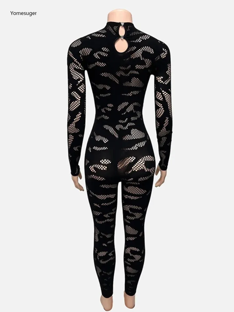 Yomesugar-mono Sexy transparente de encaje para mujer, peleles ajustados de manga larga con cuello redondo, coqueta, ropa para fiesta de medianoche