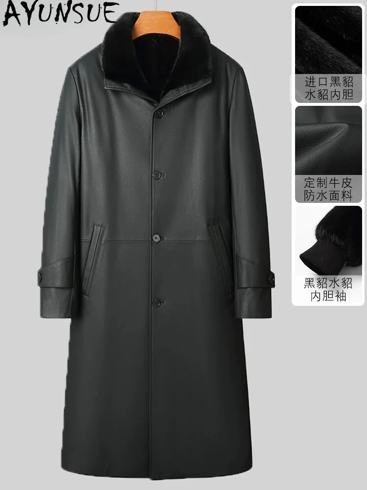 AYUNSUE Long 100% Cowhide Genuine Leather Jacket Men Winter Luxury Mink Fur Liner Parkas Warm Fur Trench Coats High Quality 2026