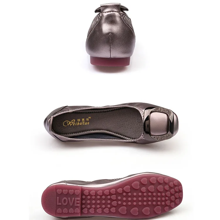 Spring Elegant Woman Round Toe Rhinestone Mary Jane Metal Square Buckle Lady Ballerina Flats Designer Soled Soft Female Shoes