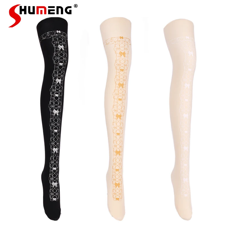 

Japanese Rojita Style Original Girl Bow Lace Gold Stamping Print Hosiery Lolita Velvet Tights Y2k Kawaii Long Slimming Pantyhose