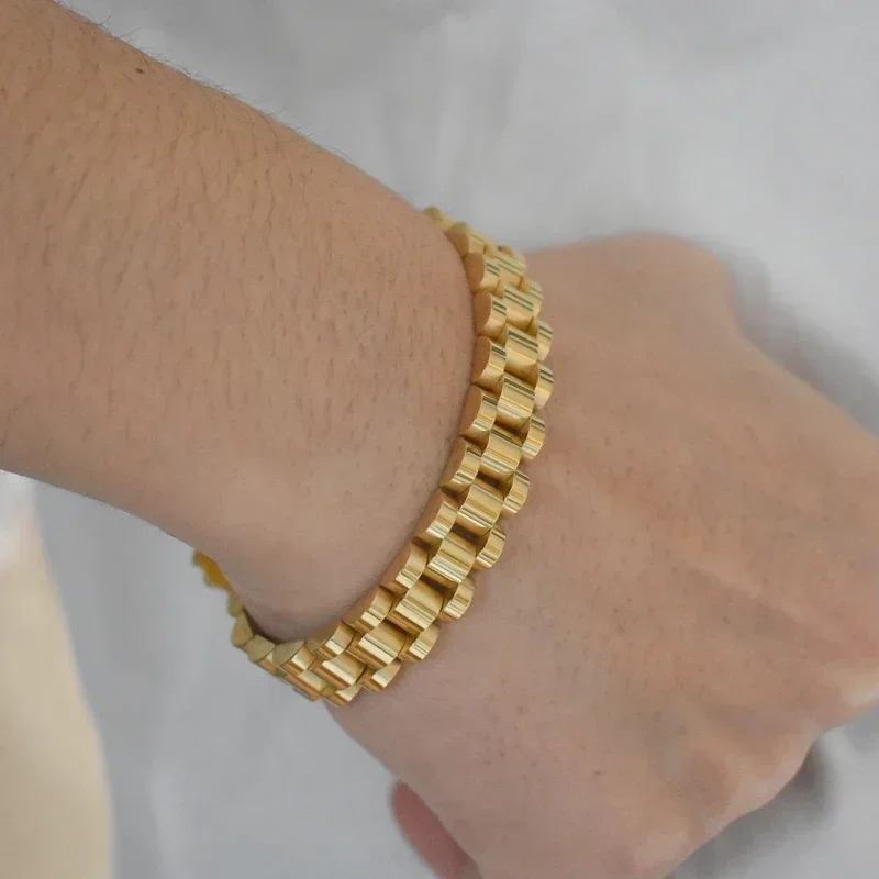 Chunky Wide 10mm Gold Color Link Chains Men Bracelet Stainless Steel Wrist Band Daily Jewelry