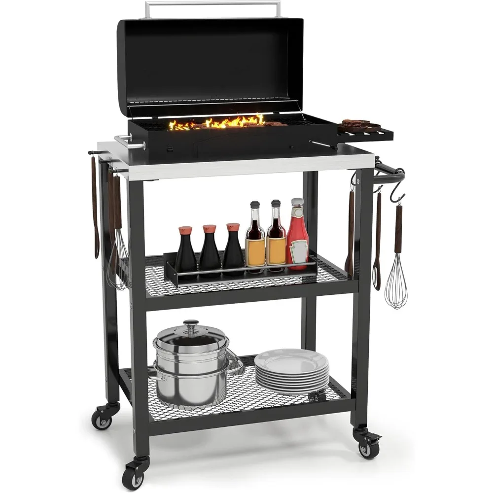 

Стол для гриля на открытом воздухе с крючками и боковой ручкой, передвижной уличный стол для приготовления пиццы и барбекю, тележка для гриля, подходящая для патио Gar