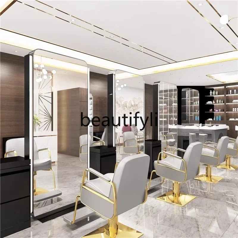 X Double-sided perming single-sided stainless steel mirror hair salon integrated floor-standing lamp hanging mirror