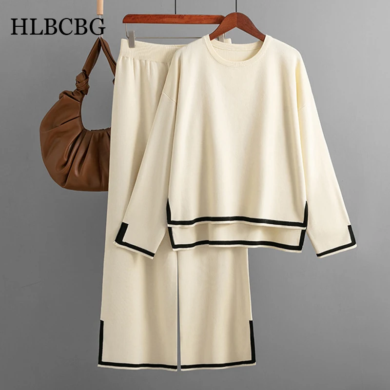 HLBCBG Knitted Women\'s Trousers Suits Two Piece Set Beige Winter Loose Long Sleeve Knitwear Flare Pants Sets Female Casual Suits