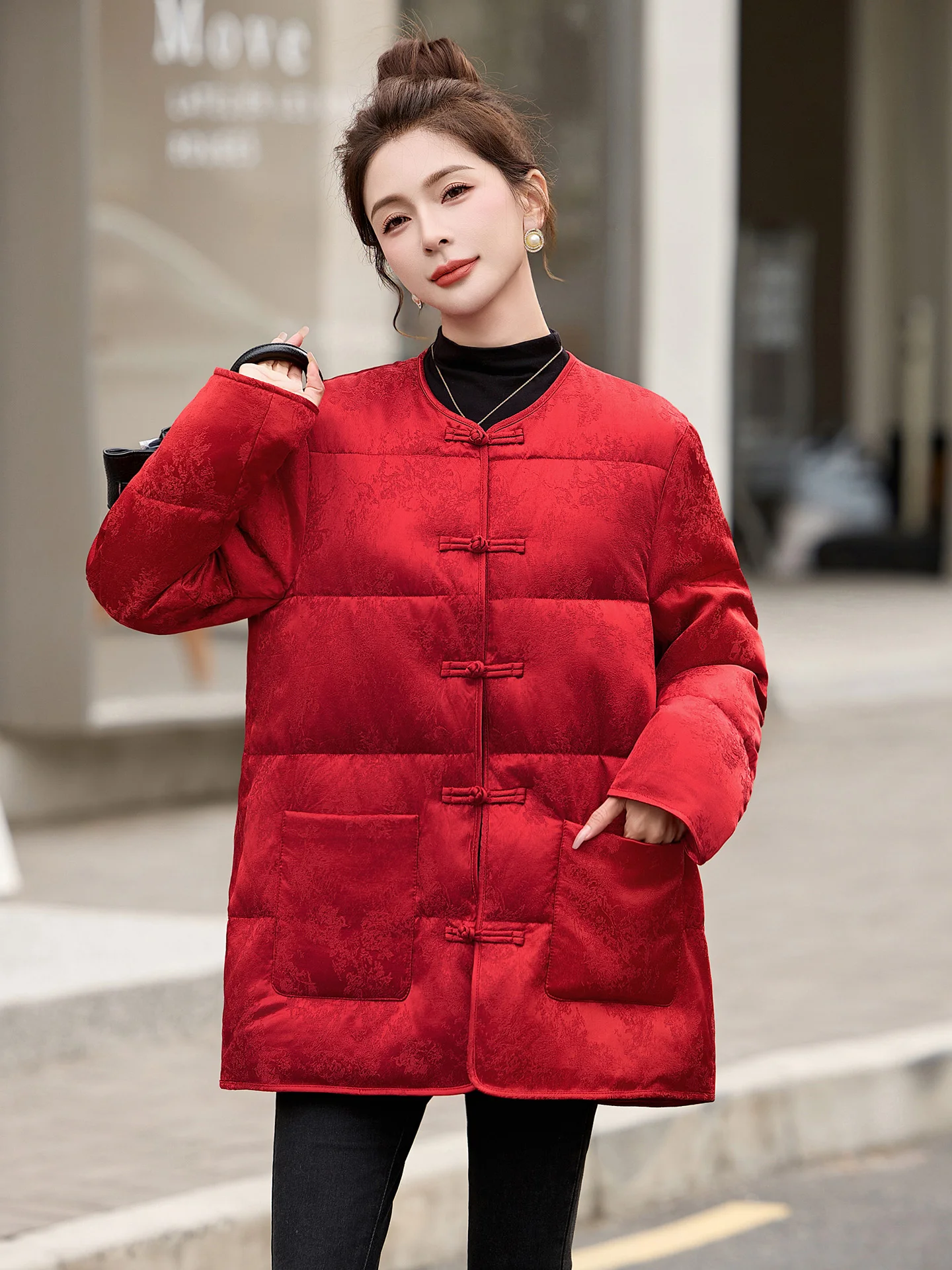 

Красный китайский пуховик Jaet, женский пуховик средней длины без воротника, большой размер, зимний теплый модный дизайн