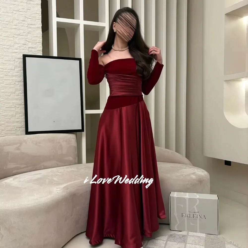 

Burgundy Strapless Prom Dresses Long Sleeve Off the Shoulder A-line Satin Bespoke Occasion Dresses Floor-Length Pleated Customiz