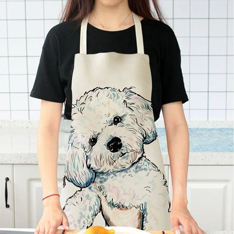 Men Women Dog Printed Cotton Linen Sleeveless Kitchen Home Hogar Aprons Pinafore Home Cleaning Tools 68x55cm/47x38cm Delantal