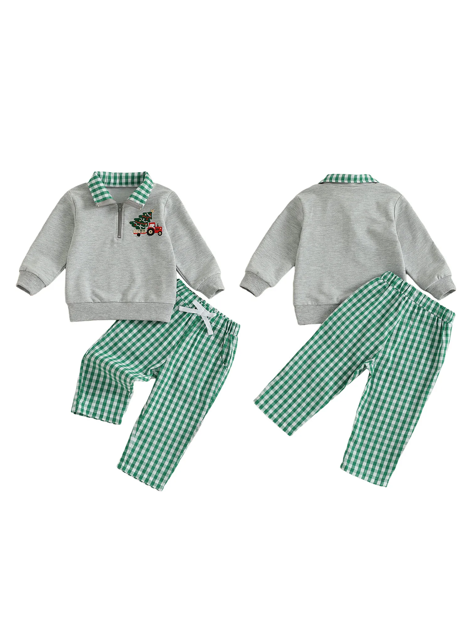 FOCUSNORM 0-4Y Casual Baby Jungen Weihnachten Kleidung Sets Weihnachten Baum Stickerei Langarm Revers Zip Pullover Tops + Plaid Hosen – Detail 2