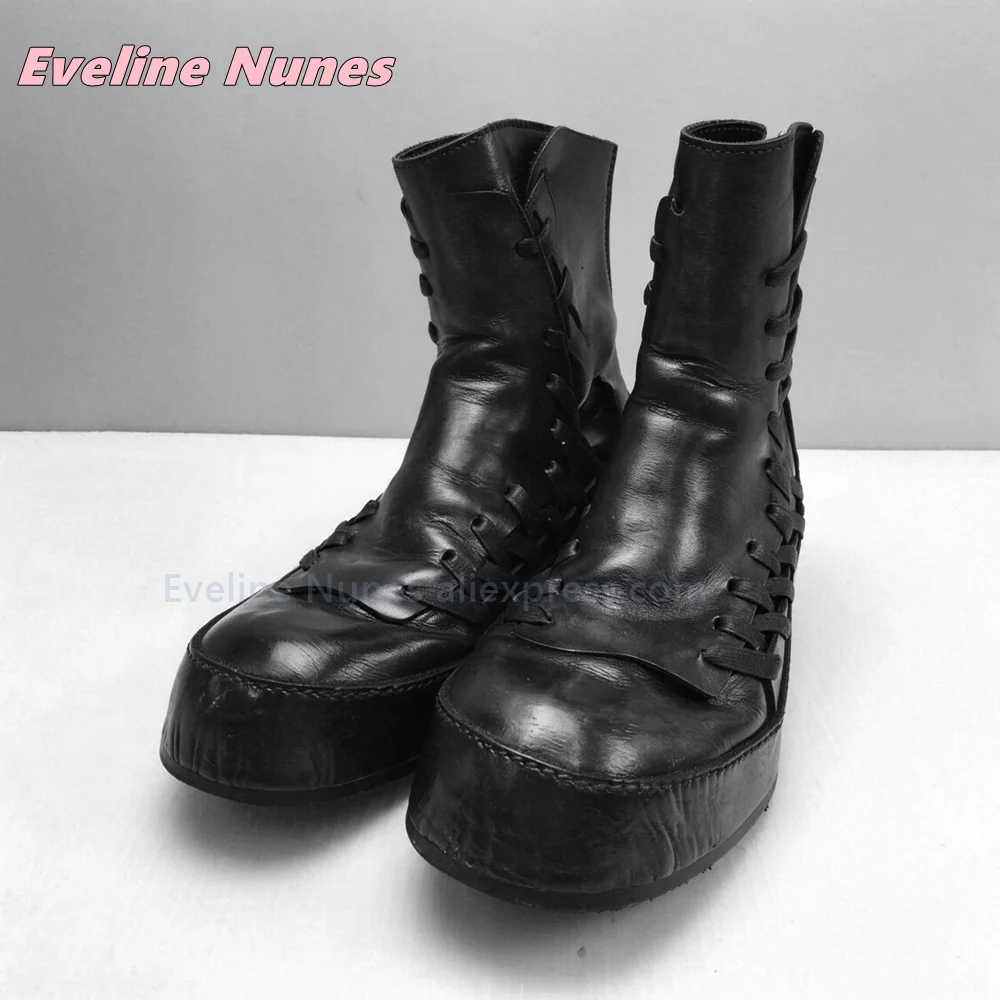 Women Black Vintage Platform Ankle Boots Round Toe Side Lace Up Thick Sole Avant Garde Dark Designer Street Style Short Boots