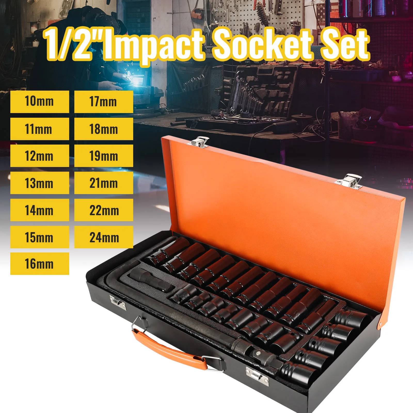 Conentool 10-24mm Impact Socket Hexagonal Shank Magnetic Sockets Set 1/2inch With Impact Adaptor 27PCS Full Set in Case