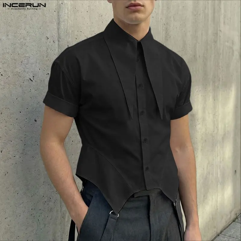 INCERUN Men's Shirt Solid Color Lapel Short Sleeve Casual Irregular Shirts For Man Streetwear Summer 2026 Stylish Men Clothes