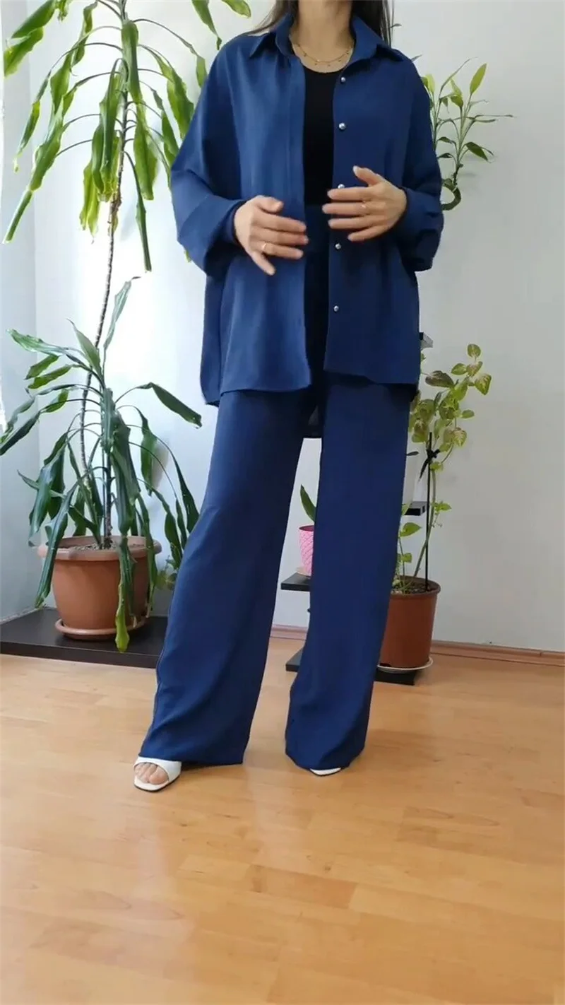 Pyjamas Women 2 Piece Outfits Slit Hem Longline Blouse and Wide Leg Pants Set Loose Button Down Loungewear Women Pjs Sleepwear