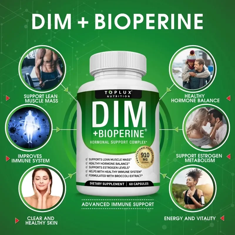 Suplemento Dim 910mg: apoya el equilibrio hormonal y el metabolismo de estrógeno, ilumina el tono de la piel, antioxidante, promueve la digestión