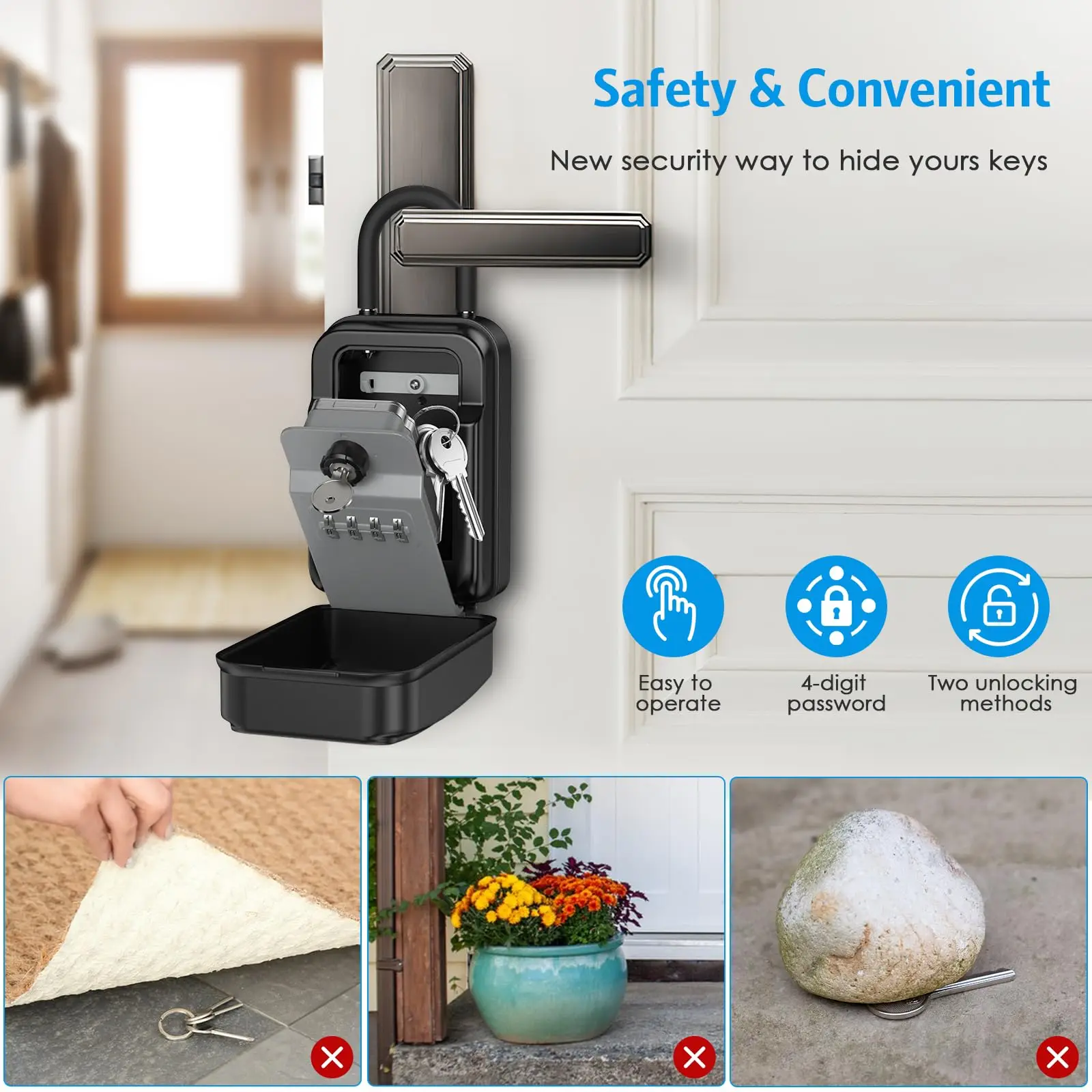 Outdoor Key Lock Box Waterproof Resettable Combination Lockbox with Spare Key Large Capacity Lock Box Portable Black Lock Box