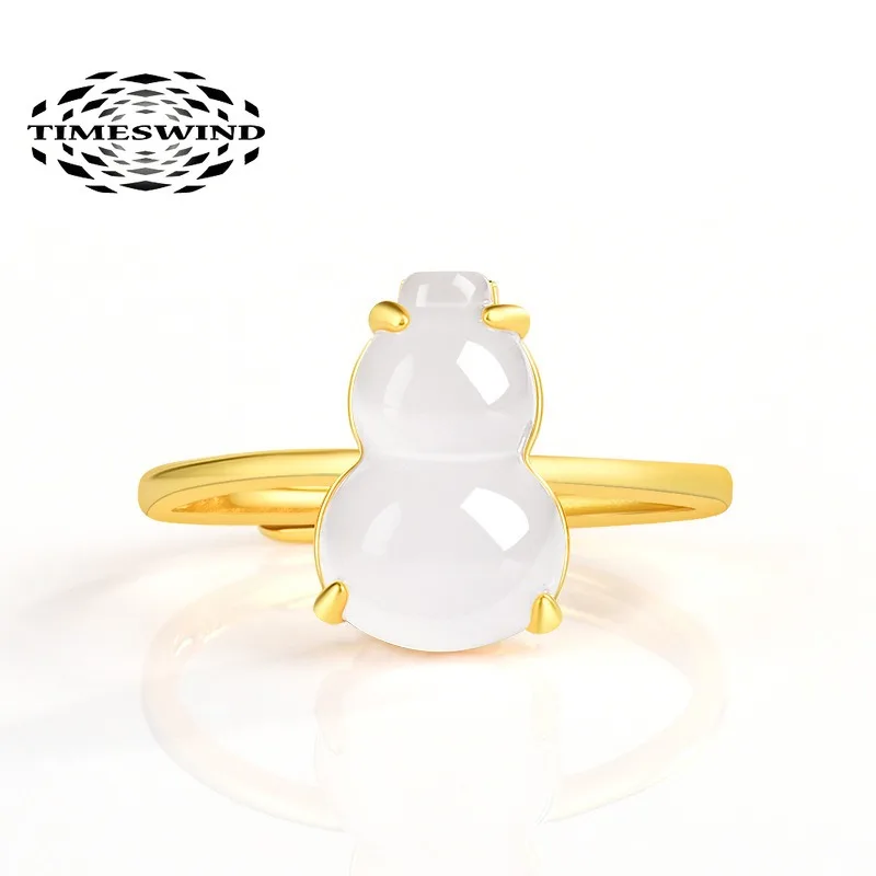 

TIMESWIND Natural Jade White Gourd Three-d S925 Silver Women Open Ring with Certificate