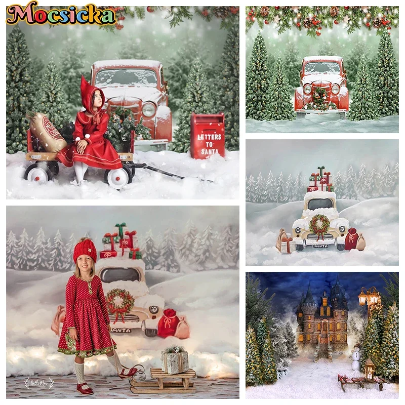 

Mocsicka Christmas Decoration Photography Background Xmas Tree Wreath Car Gifts Shine Castle Lamp Snowman Photos Backdrop Props