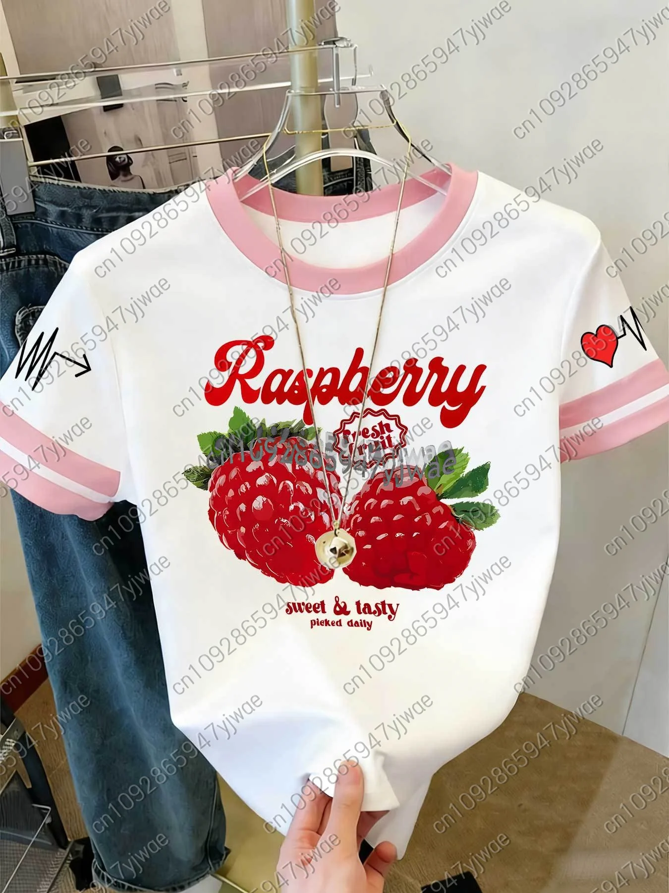 2026 Damen Kurzarm Colorblock T-Shirt mit Himbeer-Print im Y2K-Stil, Rundhals-Oberteil für Outdoor-Sport, Erwachsenen-Damen-T-Shirt – Detail 4