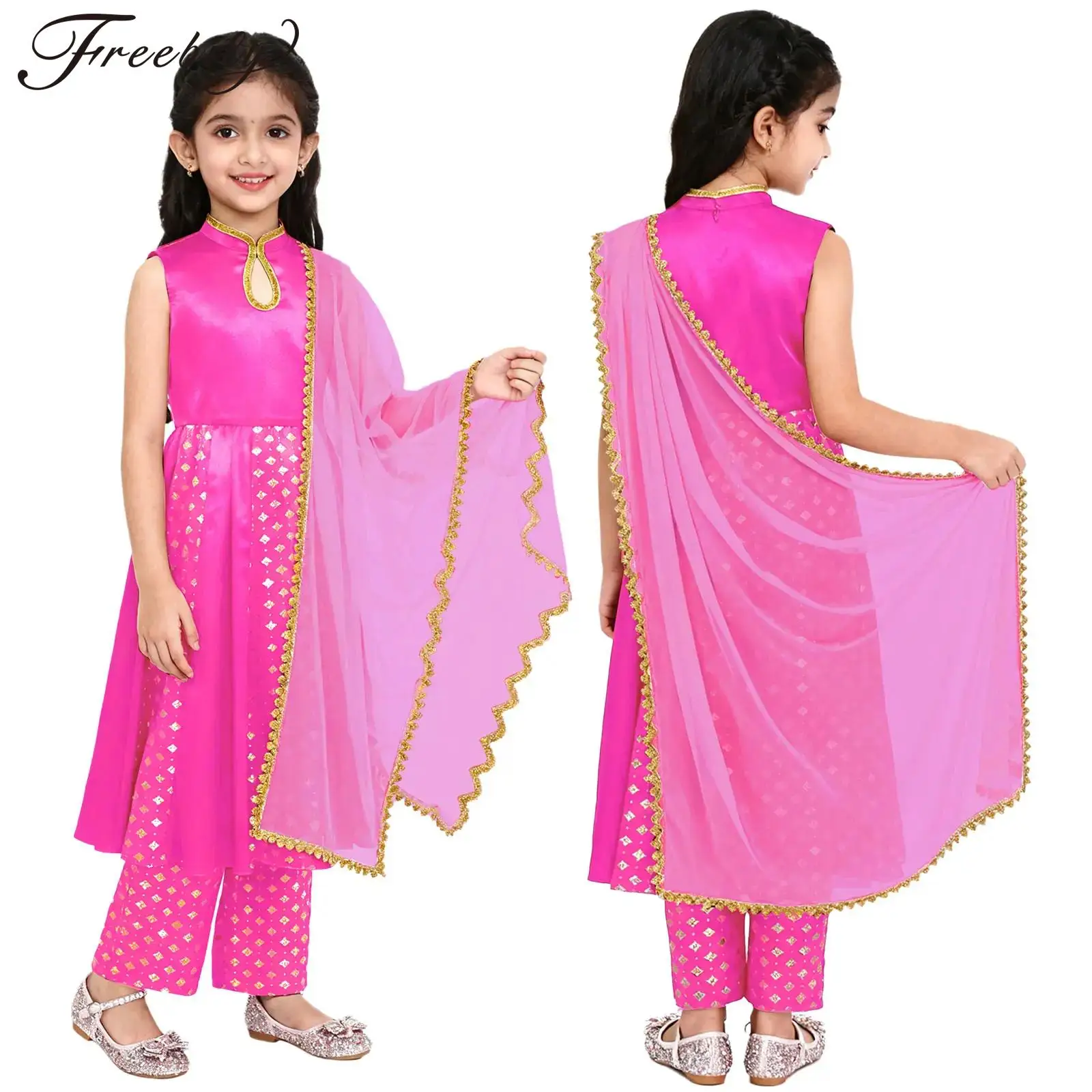 Girls Girls Halloween Theme Party Festival Indian Traditional Ethnic Costume Metallic Print Salwar Suit Zipper Dress with Pants Set - Aliexpress Deal