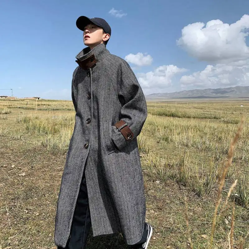 Abrigo largo y cálido para hombre, cortavientos holgado de un solo pecho, color gris, a la moda, ropa con cuello levantado por encima de la rodilla, nueva tendencia de invierno