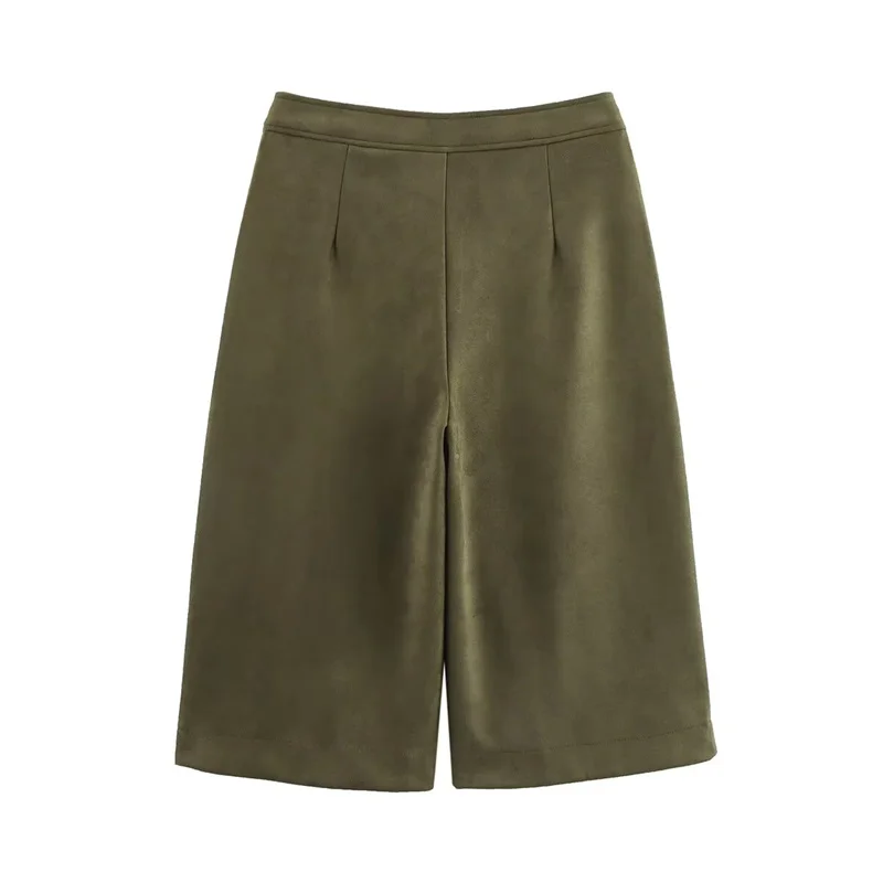 KEYANKETIAN Summer New Women Suede Textured Quarter Pants Army green Street style Zipper High Waist Loose Straight Middle Pants