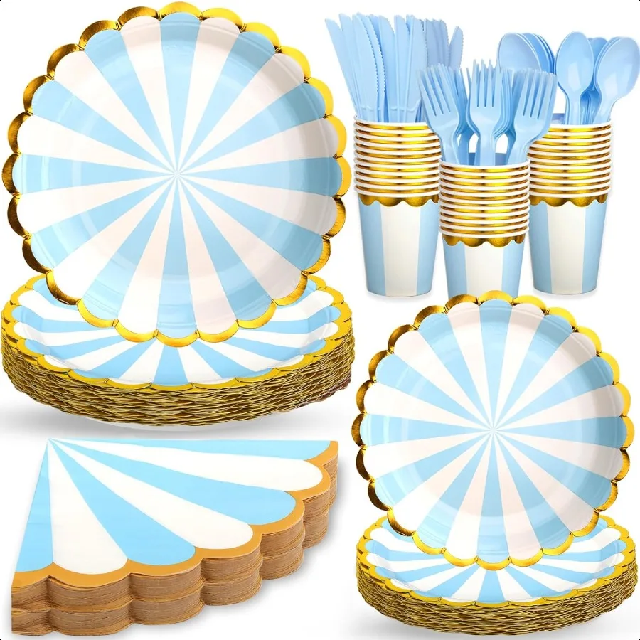 

182 Pcs Gold Foil Edge Scalloped Striped Blue And White Party Plates Set Tableware Set For 26 Guest Including Plates Paper Cups