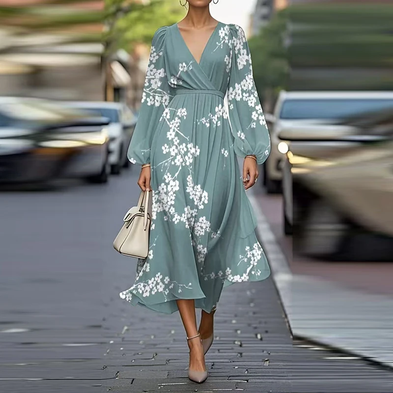 

Casual Streetwear Loose Dresses Vintage Printed High Waist Pleated Commuter Dress Sexy Women's V Neck Long Sleeved Party Dress