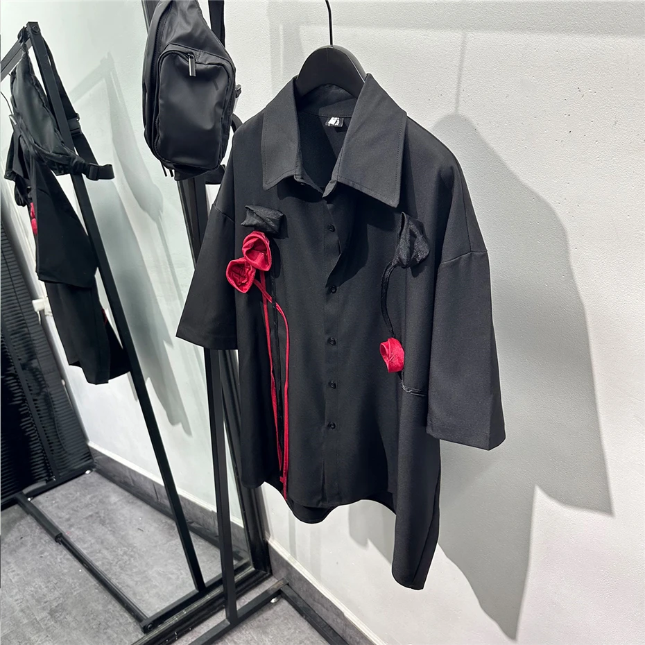 3D Rose Design Shirt Men Streetwear Hip Hop Punk Thin Short Sleeve Shirt Oversized Harajuku Vintage Casual Blouse Coats Male
