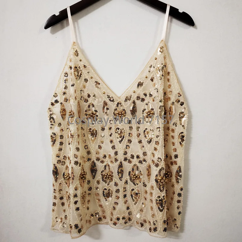 Women Summer V Neck Sequin Beaded Cami Top, Elegant Sheer Mesh Sleeveless Camisole, Slim Fit Short Glitter Tank Top Layering image 3