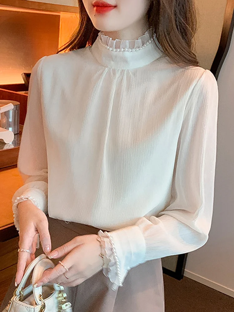 Beading Stand Collar Chiffon Blouse Shirt Long Sleeve Blouse Women Blusas Mujer De Moda 2024 Women Tops Blouses Femme Shirts E85