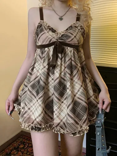 Imagen 2 del producto Dulce lazo a cuadros lindo Simple camisola vestidos Tops moda todo-fósforo Retro mujer ropa de hogar