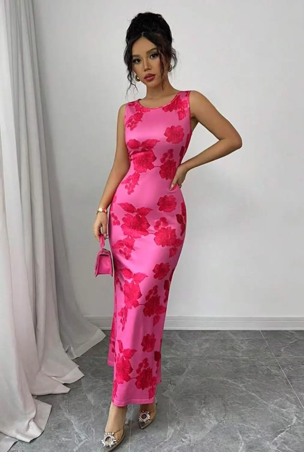 Three Sisters Summer New Fashion Luxury Sexy Holiday Party Prom Woman Clothing Print Sleeveless Round Neck Red Long Dress 2025