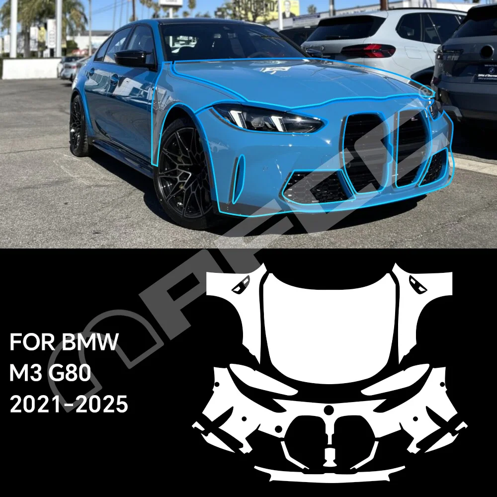 

Для BMW M3 G80 2021-2025: Комплект защитной пленки для переднего бампера, капота и крыльев, предварительно вырезанный, устойчивый к царапинам, водонепроницаемый, аксессуары для автомобиля