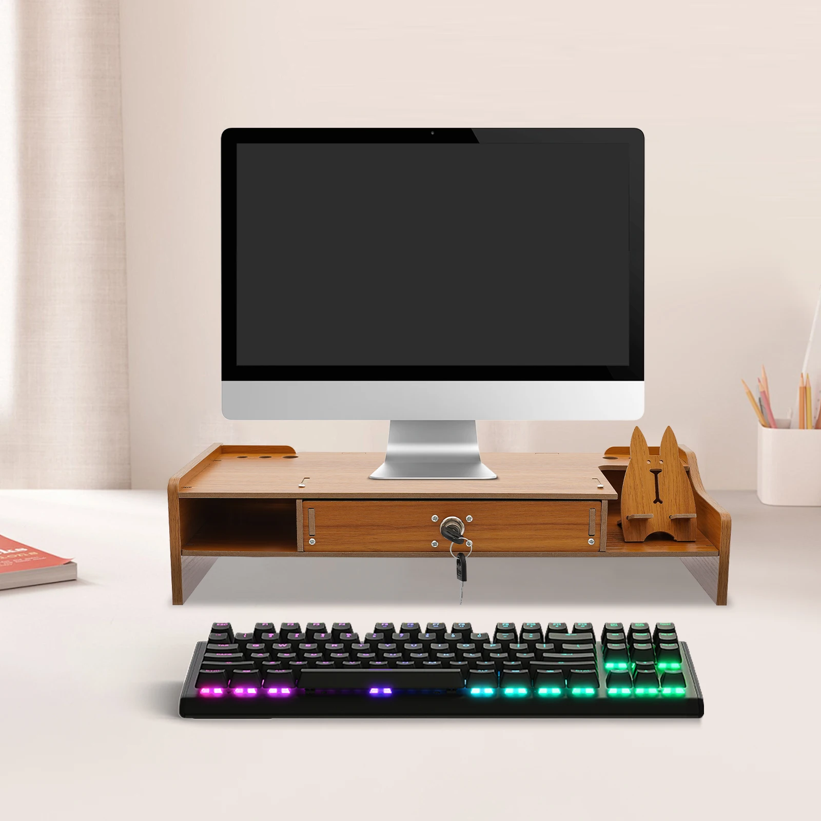 Computer Monitor Screen Raiser Stand: Ergonomic Desktop Accessory for Improved Comfort and Work Efficiency