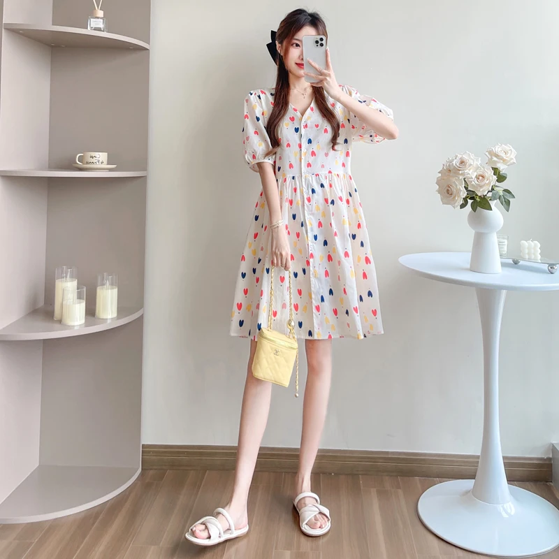 

2024 Summer Maternity Dress Puff Sleeve V-neck Block Color Fashion Patterns Printing Pregnant Woman A-line Dress Pregnancy Dress