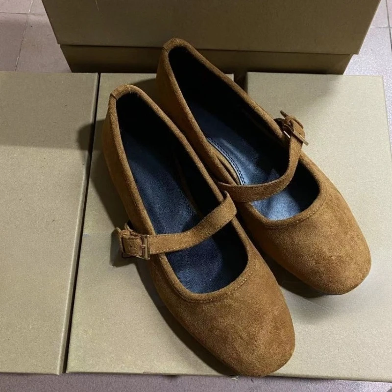 Walking Women's Mary Janes Shoes 2025 Spring Round Toe Soft Faux Suede Retro Brown Luxury Designer Girl Barefoot Ballet Flats — zdjęcie 3