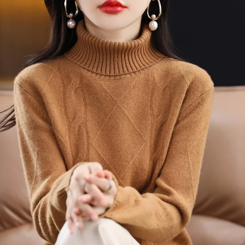 Diamond twisted high collar solid color new top women's pullover high-end loose autumn and winter Blouse