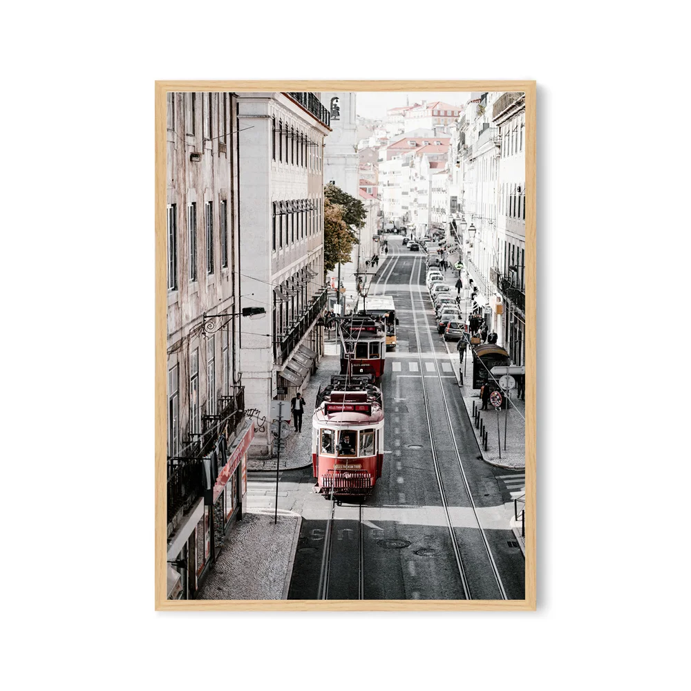 Modern Simple Retro Nostalgic European Town City Street Red and Yellow Tram Home Bedroom Room Decoration