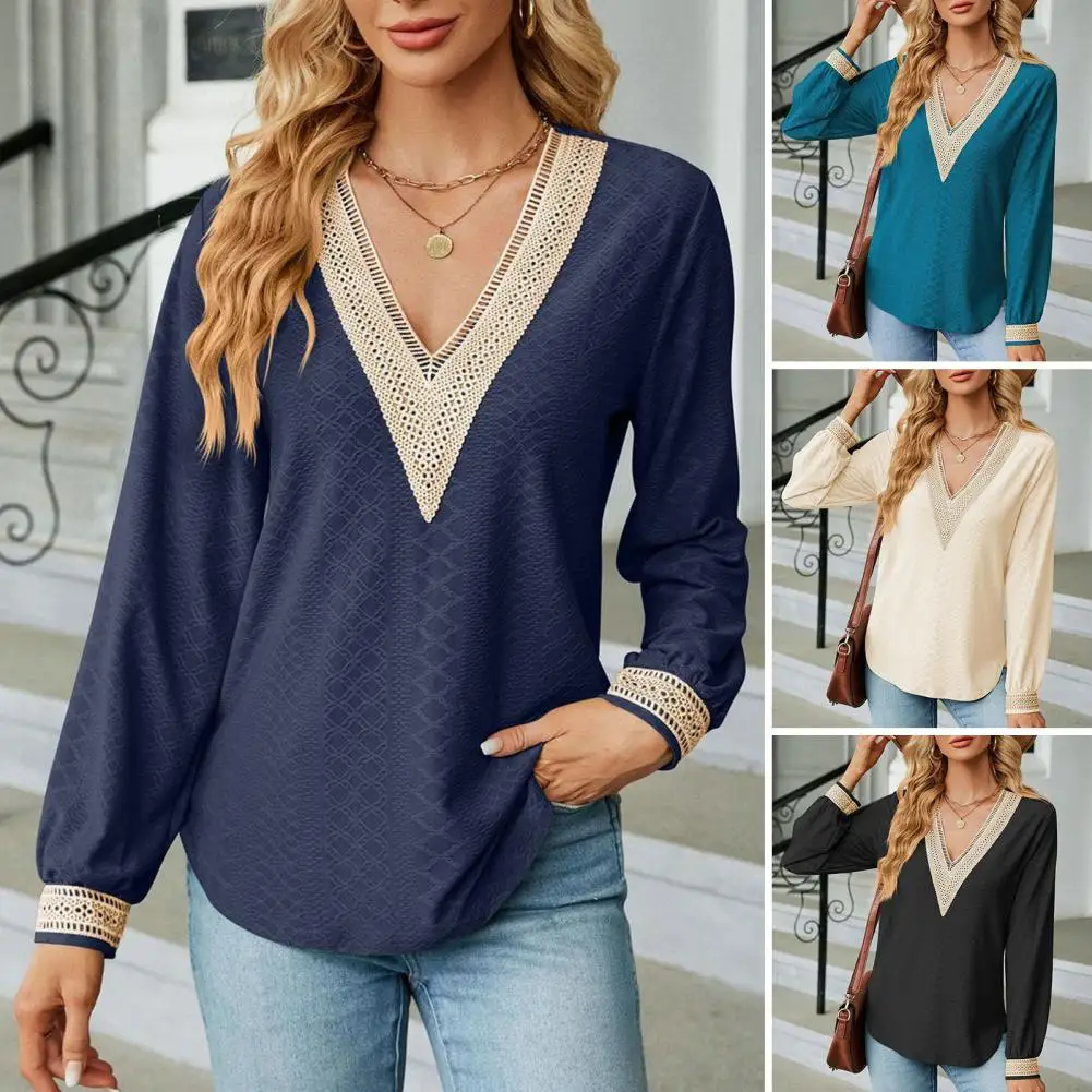 Lace Top Lace Neckline Top Stylish Women's V Neck Patchwork Pullover Soft Casual Mid Length T-shirt Blouse for Spring Fall